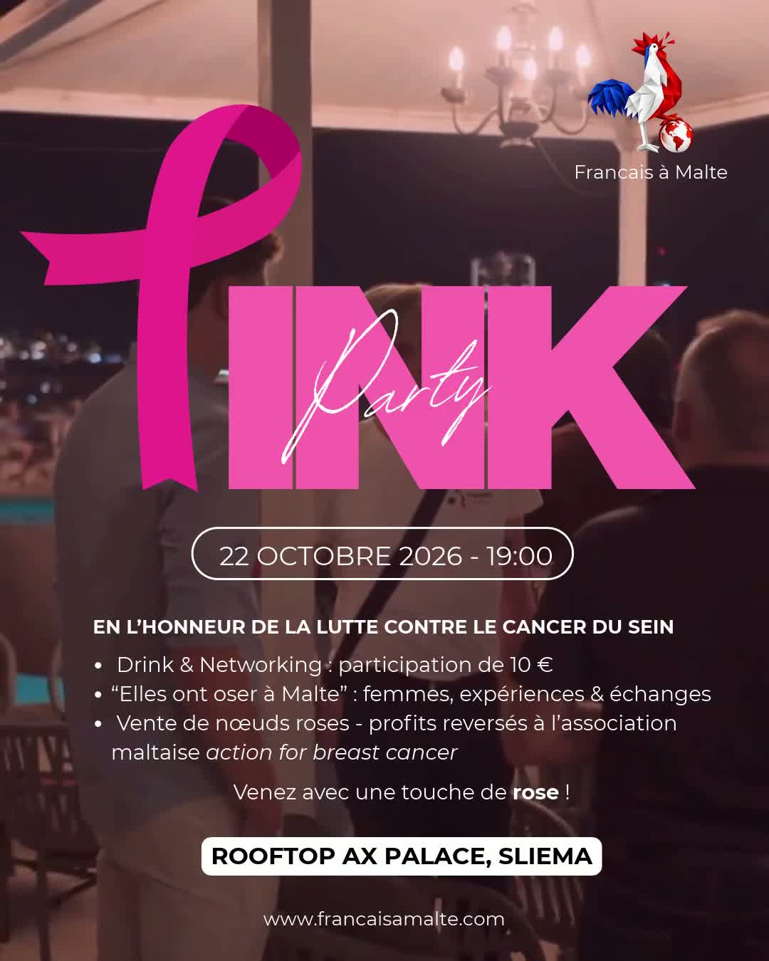 Affiche officielle du Pink Event : 22 octobre 2026 à 19h, Rooftop AX Palace à Sliema.